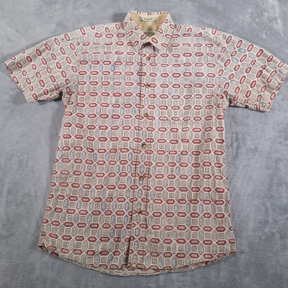 Orvis Shirt Mens Medium Beige Red Geometric Button Up Short‎ Sleeve Cotton